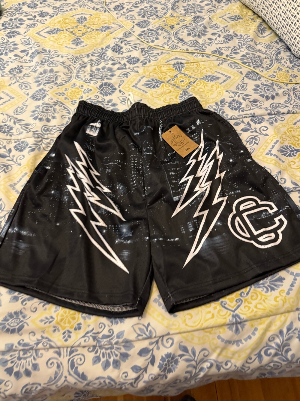 Corrupted Creative Men's Black Athletic Shorts with White Lightning Graphic